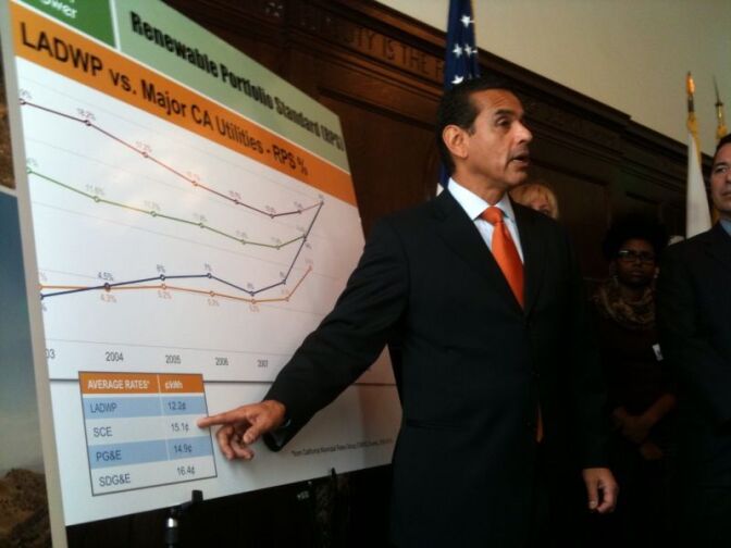 Los Angeles Mayor Antonio Villaraigosa announces that the city's Department of Water and Power reached his goal of drawing 20 percent of its energy from renewable sources in 2010.