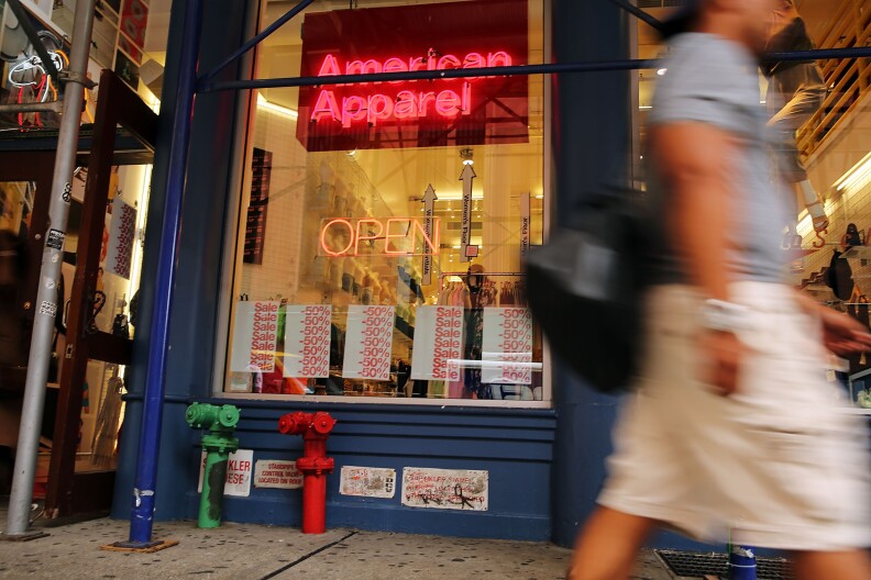 NEW YORK, NY - AUGUST 19:  An American Apparel store is viewed on August 19, 2015 in New York City. The youth clothing retailer reported a net loss of $19.4 million for last quarter and has said it may go out of business in the near future. Blaming the closing of stores closing and a strong dollar, Los Angeles-based company said sales were down 17% last quarter.  (Photo by Spencer Platt/Getty Images)