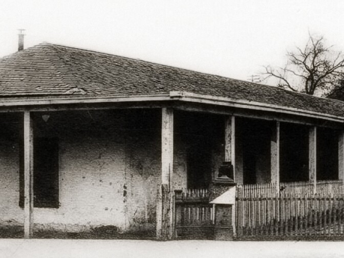 Circa 1885 view of Don Antonio Maria Lugo's adobe, built in 1819, and located at San Pedro near 2nd Street in what is now Downtown Los Angeles. Don Antonio's adobe faced the Plaza. 