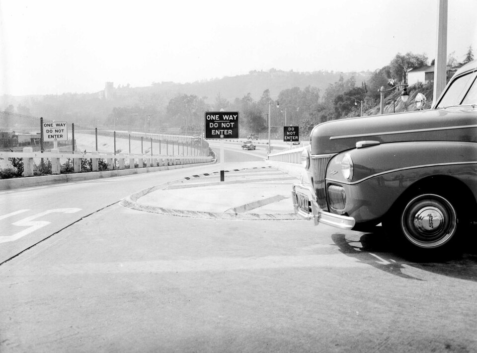 One-way signs that were placed on exit ramps after opening because people did not understand the concept of on-ramps and off-ramps, 1942.