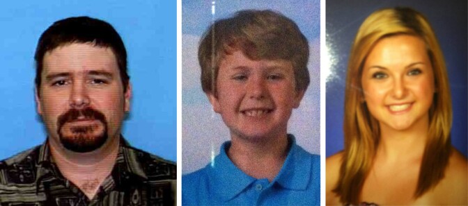 Officials are searching for suspect James Lee Dimaggio (left) in relation to an Amber Alert issued after a house was burned down in San Diego County. Ethan (center) was confirmed dead Friday, Aug. 9, 2013. Hannah (right) remains missing.