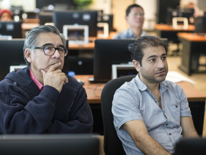 Alfredo Lacayo, left, and Hootan Seyedzadeh take part in an inventory management class in the Technology & Logistics Program at East Los Angeles College on Tuesday, Dec. 8, 2015. The Inland Empire has been Southern California's home to most logistics warehouses, but urban communities could be seeing more.