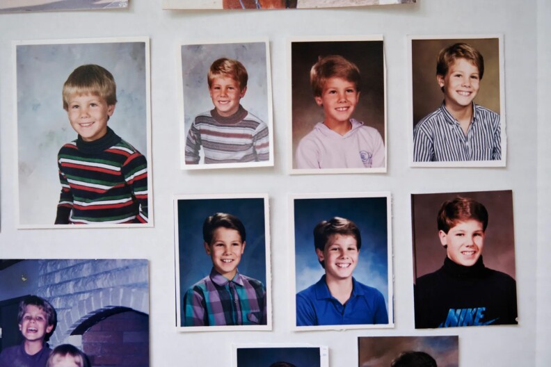 A collage of a young boy's school photos from ages five through 10.