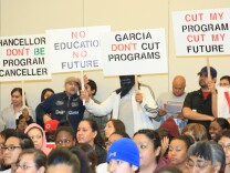 Elected officials and members of the Screen Actors Guild supported a faculty and student protest of budget cuts at CSU Dominguez Hills. Rally organizers oppose an administration process underway that could lead to cutting entire programs or majors.