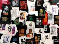 T-shirts at an exhibition of O.J. Simpson memorabilia at Coagula Curatorial in L.A.’s Chinatown.