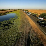 STOCKTON, CA - SEPTEMBER 28:  Water is held back from a lower-elevation farm (R) by a section of Highway 4 that serves as a levee road in the Sacramento-San Joaquin River Delta, on September 28, 2005 west of Stockton, California. Officials say that the dikes of the Sacramento-San Joaquin River Delta are in worse shape than those that broke and flooded New Orleans during Hurricane Katrina. There is a two-in-three chance that a catastrophic earthquake or storm in the next 50 years will damage the levees enough to cause the kind destruction that engulfed New Orleans, according to experts. Such an event would affect the water supply that serves two-thirds of California and create a nightmare traffic jam on Highway 4, the two-lane road that would be the major evacuation route, if it is not damaged beyond usability. 1,600 miles of levees protect the delta?s islands, which lie well below sea-level, and most were built more than 100 years ago.  (Photo by David McNew/Getty Images)
