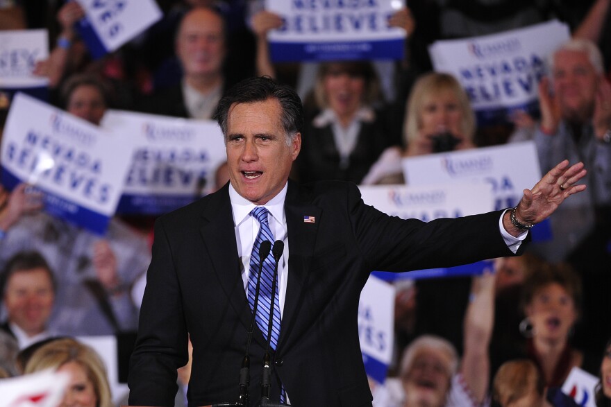 Republican presidential hopeful Mitt Romney holds a Caucus election night at Red Rock Casino in Las Vegas, Nevada, February 4, 2012.  AFP PHOTO/Emmanuel Dunand (Photo credit should read EMMANUEL DUNAND/AFP/Getty Images)