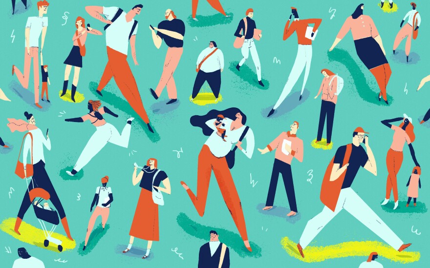 A highly stylized illustration depicts various people walking on a blue-green background, some of them with backpacks or bags slung over their shoulders, and some walking with or carrying children.