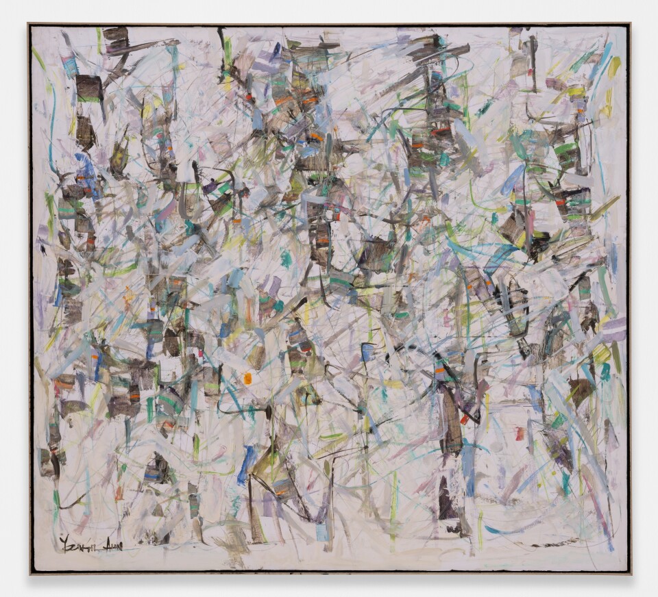 An oil on canvas board painting. It's abstract, using browns, greens, blues and small traces of other colors in short, choppy strokes.