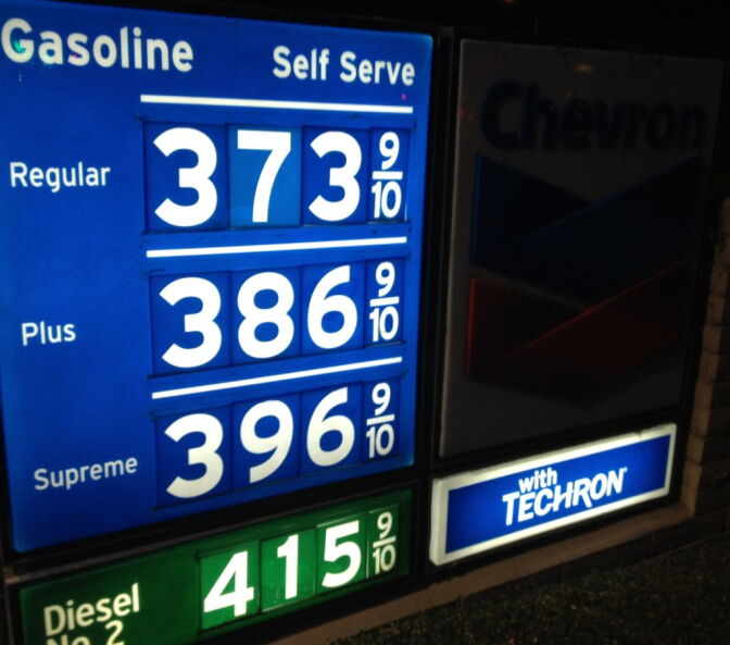 Gasoline prices at a Newport Beach station Wednesday, January 9, 2013. Gas prices have been rising in Southern California the past two weeks. But, in December, the Labor Department said falling gas and food costs pushed down U.S. wholesale prices last month for the third month in a row, the latest evidence inflation is tame.