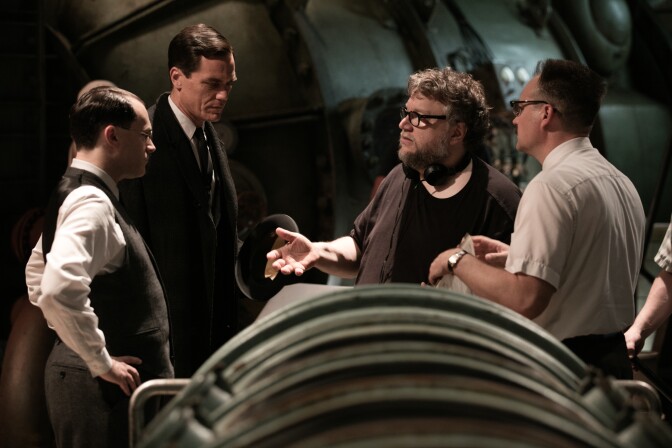 (L-R) Michael Stuhlbarg, Michael Shannon, director/writer/producer Guillermo del Toro and David Hewlett on the set of "The Shape of Water."