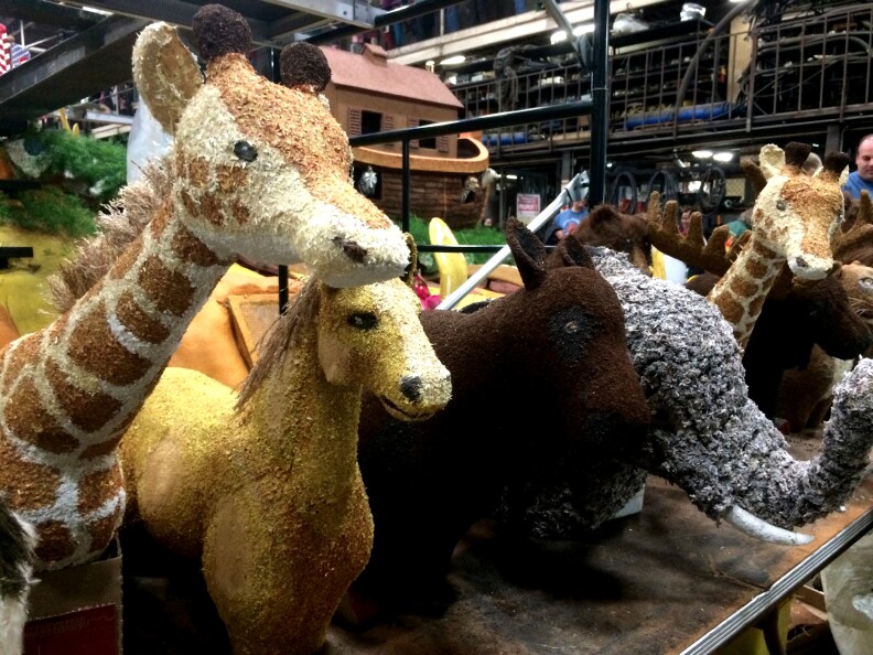 Animals are ready for the Lutheran Hour Ministries float at the Phoenix Decorating Company.
