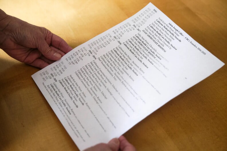 A woman's hands holding a paper with a list of prison transfers.