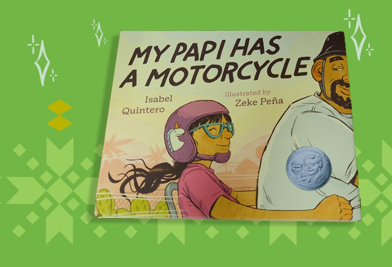 A book cover depicting a girl with medium skin tone, a purple helmet, green glasses and a pink shirt. Her long brown hair blows in the wind as she holds into her Papi, who has a white shirt, goatee and black helmet. The title reads My Papi Has A Motorycle.