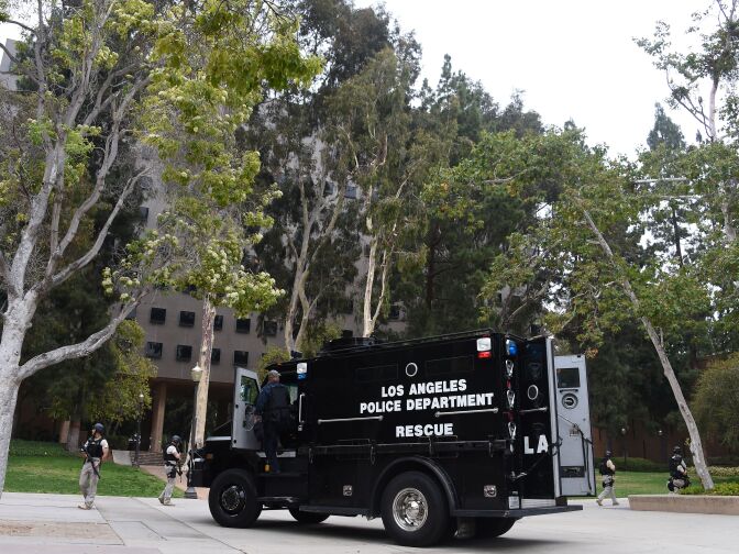 A Los Angeles Police Department rescue van is seen on June 1, 2016 at the University of California's Los Angeles campus on June 1, 2016 in Los Angeles, California.
Two people were confirmed dead on Wednesday following a shooting at the University of California's Los Angeles campus, police said. "We have confirmation of two people killed for now," police spokeswoman Jenny Houser told AFP, adding that the identity of the victims was unclear.
 / AFP / Robyn BECK        (Photo credit should read ROBYN BECK/AFP/Getty Images)