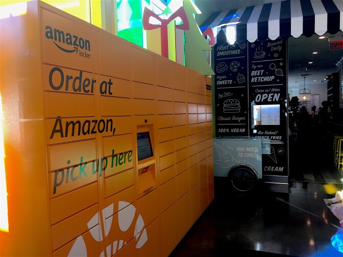Amazon now offers customers in some areas the option of receiving their item more quickly by picking it up at a locker, like these in a Whole Foods in Silver Lake. This saves delivery trucks the drive to your doorstep.