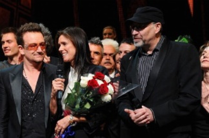 Julie Taymor on stage at 'Spider-Man Turn Off The Dark' Broadway opening night at Foxwoods Theatre on June 14, 2011 in New York City with The Edge of U2, Bono of U2, and the show's directors.