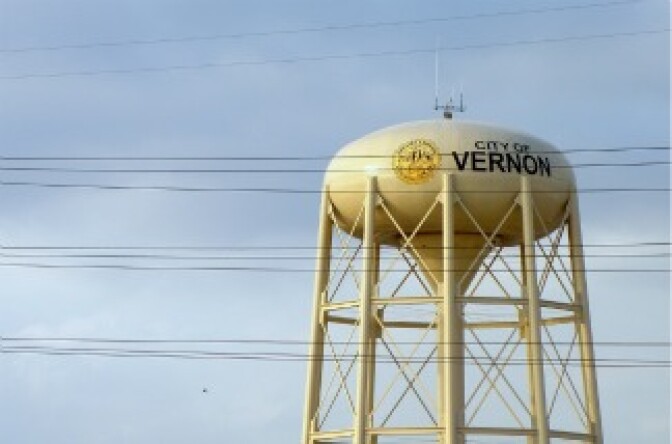 A water tower over the City of Vernon, California.  With what will they repaint the tower if Vernon ceases to be Vernon?