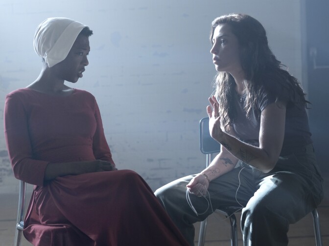 Behind the scenes of the Hulu series "The Handmaid's Tale" with Moira (Samira Wiley) and director Reed Morano, shown. 