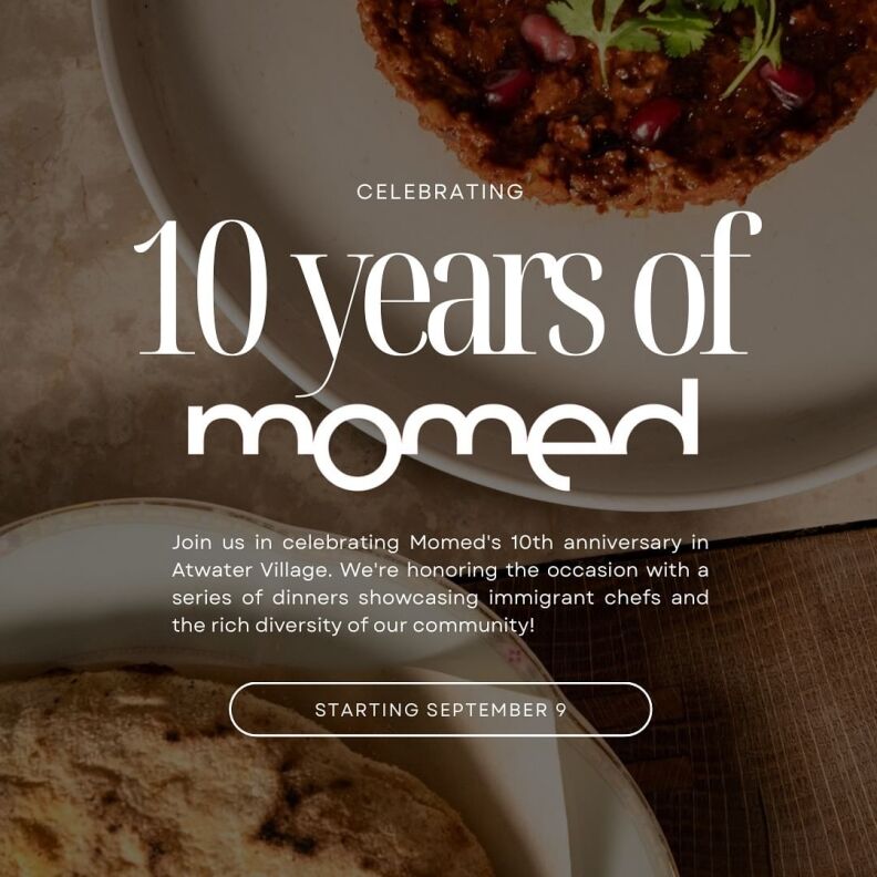 A digital poster reading "10 Years of Momed" and inviting people to partake in their dinner series. The text is laid over a background of two dishes from the restaurant. 