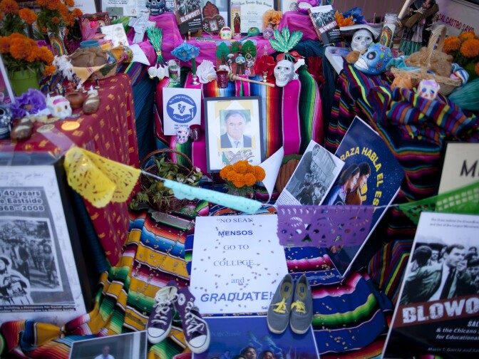 This Día de Los Muertos altar in Grand Park, titled "Luchador de Educacion" (fighter for education), is dedicated to the late Los Angeles educator Sal Castro, who lead high school student walk-outs in 1968.