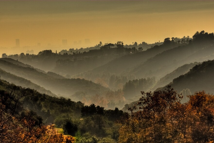 View towards Los Angeles in the afternoon of a smoggy and foggy day.
