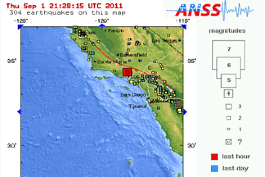 A map courtesy of USGS of the 4.3 and 2.6 magnitude earthquakes that rocked Los Angeles and the surrounding areas Thursday September 1, 2011.