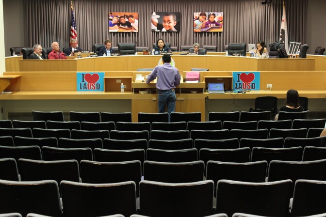 Los Angeles Unified school board members listen to public comment before moving into a closed-door session to discuss their search for a new superintendent on Friday, Apr. 20, 2018.