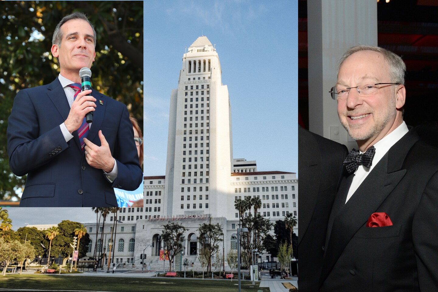 A photo illustration of Mayor Eric Garcetti and his former associate Rick Jacobs bracketing an image of City Hall