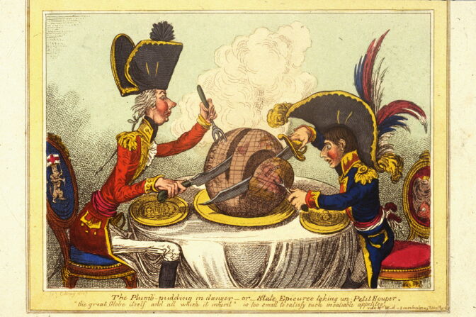 An 1805 cartoon by James Gillray, showing British Prime Minister William Pitt and French leader Napoleon Bonaparte in period attire carving up the world between them. 