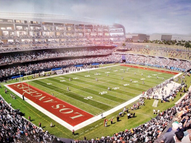 Rendering released by the city of Carson of a new NFL stadium to house the Raiders and Chargers. 