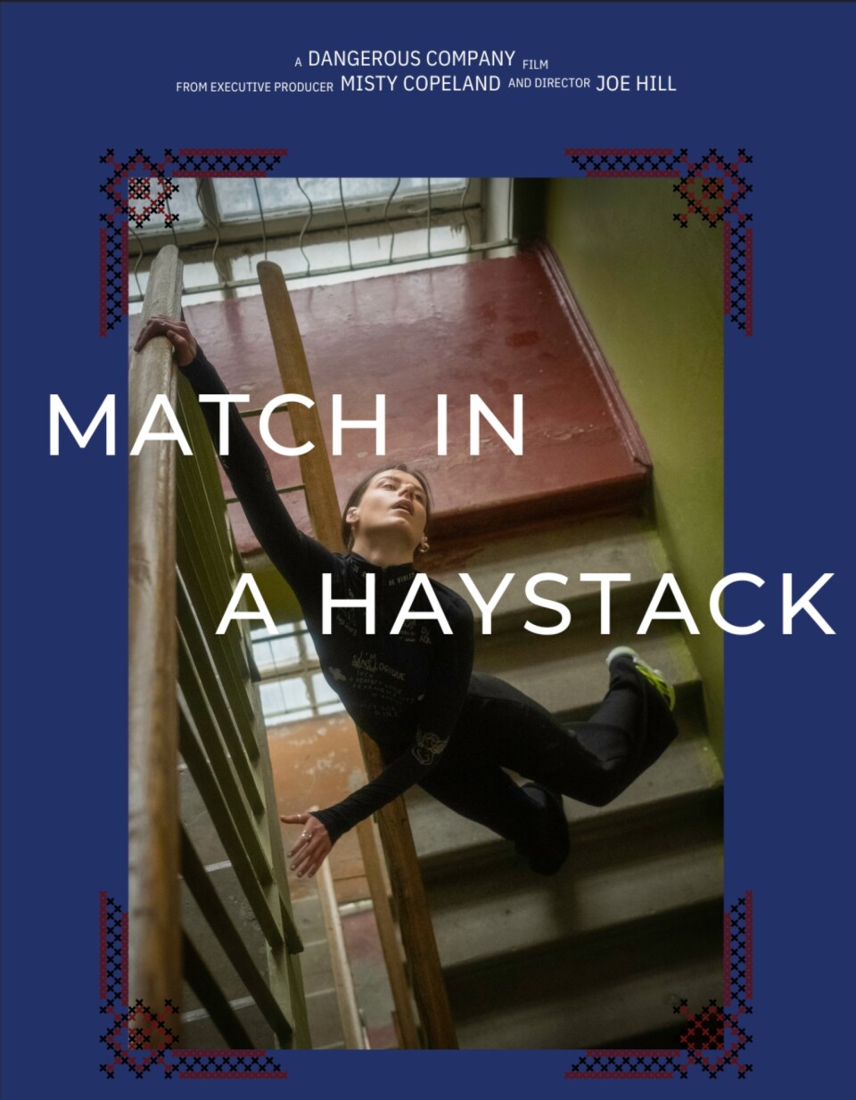 A woman wearing all black poses in a dance pose on a staircase in a movie poster. 