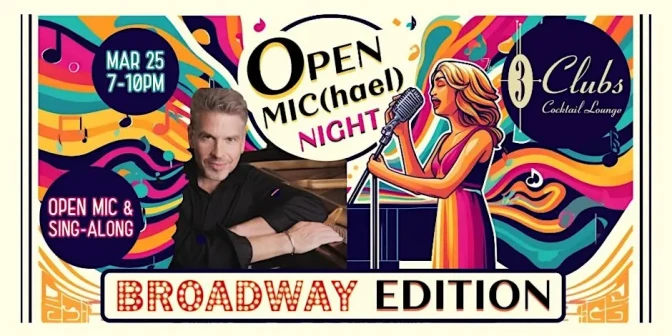 A colorful poster with a man with light skin tone and text reading "Open Mic