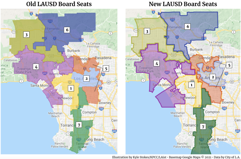 Two side-by-side maps show the boundaries of L.A. Unified School Board districts. On the left is a multicolored map showing the map as it has existed since 2012. The right shows the seven districts as they've been redrawn recently as part of the redistricting process.