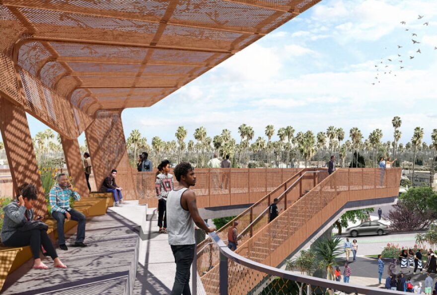 An artist rendering of the future Destination Crenshaw project that will feature the art of hundreds of artists displaying African American history and culture in South Los Angeles. 