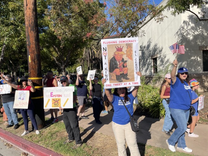 A protester holds a sign depicting Trump on a toilet wearing a crown and tweeting.