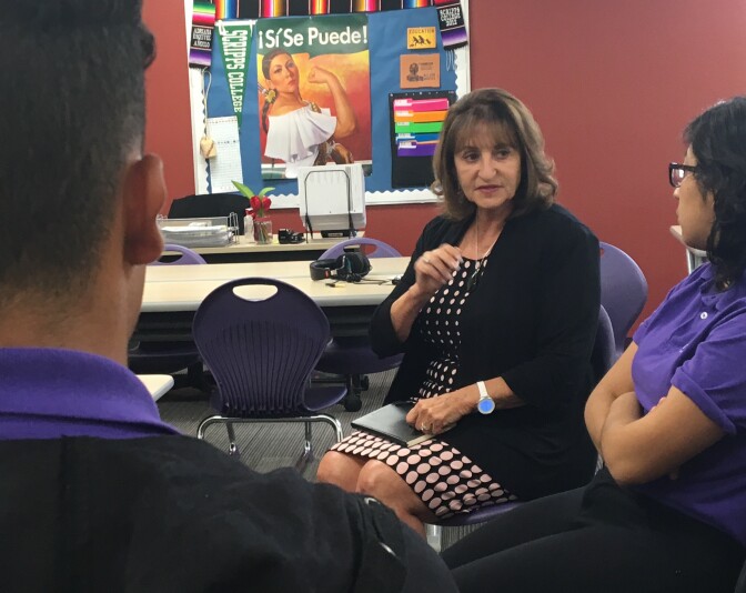 Jacqueline Elliott, co-founder of the Partners To Uplift Communities ("PUC") charter network, conducts a group exit interview with students at PUC Triumph Charter High School in Sylmar. She has held at least 60 such exit interviews with departing seniors from PUC high schools over the last six years.