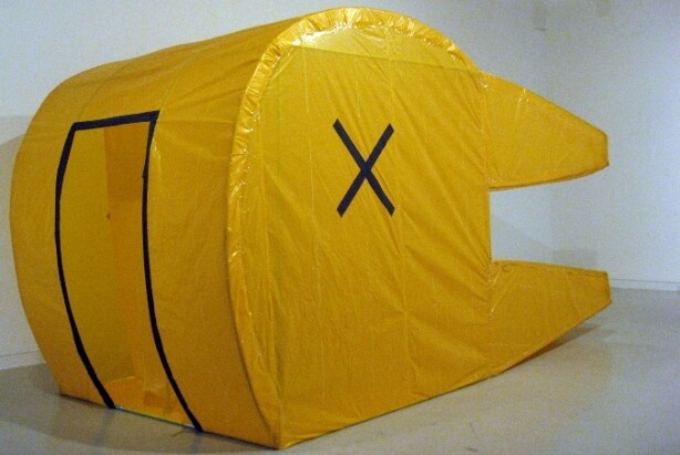 Zlatan Vukosavljevic; DuckBunny Chamber, 2010; Aluminum, aluminum plate, foil, tape, and slippers
204 x 96 x 96 in.