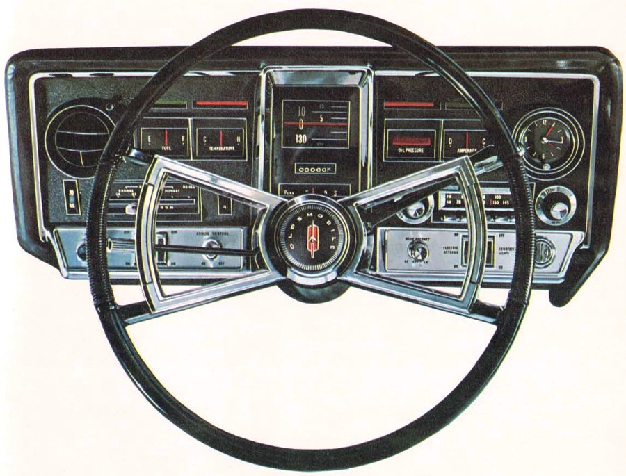 The Oldsmobile Toronado, with this startlingly beautiful instrument panel, was introduced in 1966