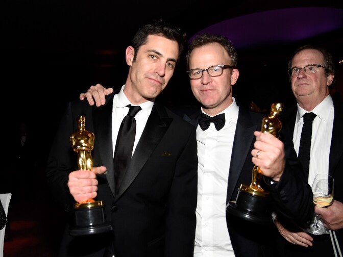 HOLLYWOOD, CA - FEBRUARY 28:   Josh Singer and Tom McCarthy (R), winners of the award for Best Original Screenplay for 'Spotlight,' attend the 88th Annual Academy Awards Governors Ball at Hollywood & Highland Center on February 28, 2016 in Hollywood, California.  (Photo by Kevork Djansezian/Getty Images)