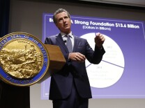 California Gov. Gavin Newsom presents his first state budget during a news conference Thursday, Jan. 10, 2019, in Sacramento, Calif. (AP Photo/Rich Pedroncelli)