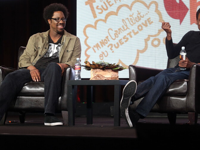 PASADENA, CA - JANUARY 09: Host W. Kamau Bell (L) and executive producer Chris Rock of the television show "Totally Biased with W. Kamau Bell" speak during the FX Networks portion of the 2013 Winter Television Critics Association Press Tour at the Langham Hotel and Spa on January 9, 2013 in Pasadena, California.  (Photo by Frederick M. Brown/Getty Images)