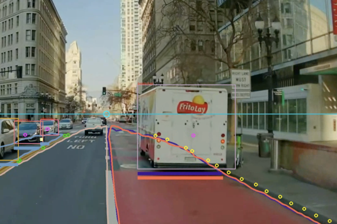 A series of colored lines are superimposed over a photo of a truck parked in a designated bus lane. The truck has the Frito Lay logo painted on the back. The bus lane is painted red. The photo is meant to be a representation of what new AI cameras, installed on Metro buses, will capture. 