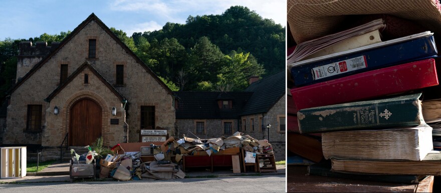 Debris sits inside and in front of the Graham Memorial Presbyterian Church in Whitesburg on Thursday.