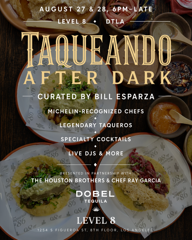 Promotional flyer for Taqueando After Dark, listing the event date, venue, and lineup details over photos of tacos on ceramic plates.