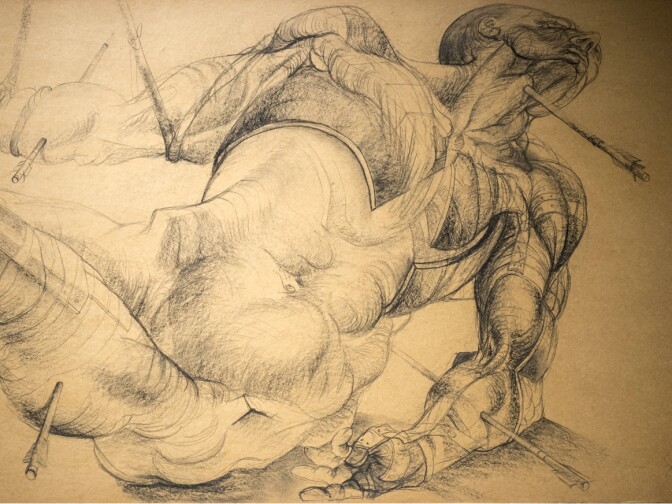 Jan Stussy: Detail, variation on St. Sebastian, 1957, charcoal on composition board, 24 x 60 in., Woodbury University. At "The Human Beast: Art of Maxine Kim Stussy & Jan Stussy," at WUHO (6518 Hollywood Blvd., Los Angeles, CA 90028) through February 9.