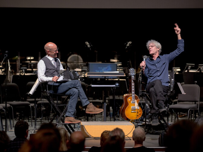Frame host John Horn talks with Police drummer Stewart Copeland before his live score performance of "Ben Hur."