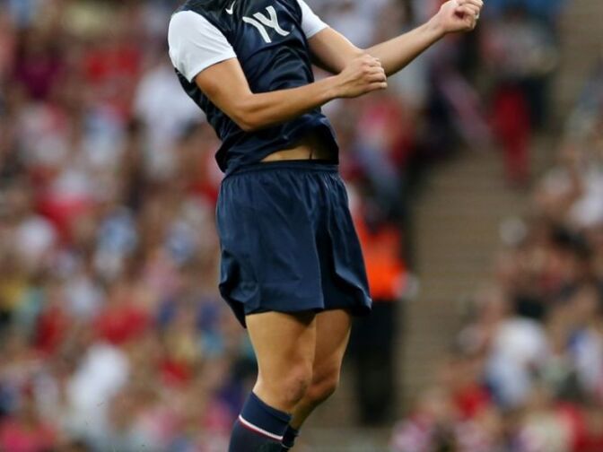 Abby Wambach heads the ball during the Women's soccer gold medal match on Day 13 of the London 2012 Olympic Games at Wembley Stadium on August 9, 2012 in London, England.