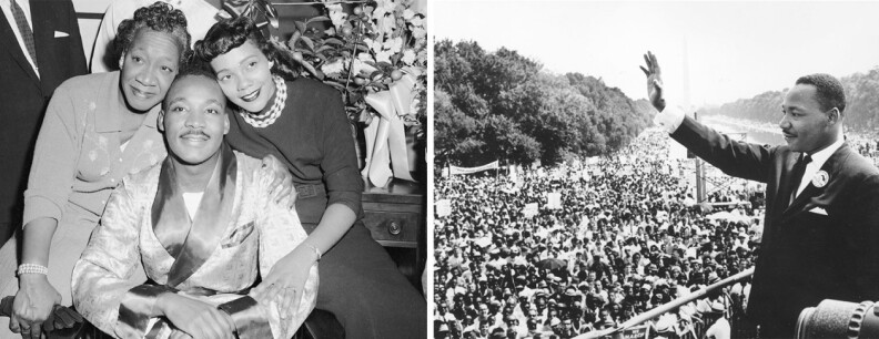 (Left) Civil rights leader Martin Luther King, Jr. pictured with his mother, Alberta (left) and his wife, Coretta, during an interview; King waves to supporters on Aug. 28, 1963 on during the March on Washington.