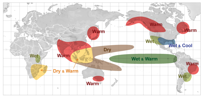 A map of earth where the impacts of El Niño are detailed on different continents.